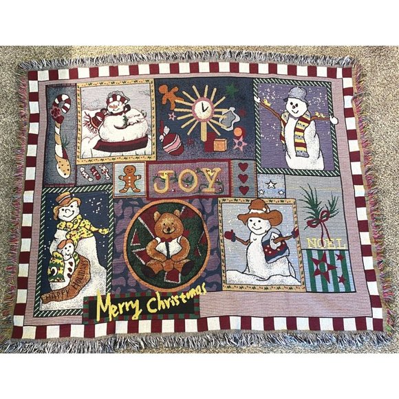 Tapestry Throw Blanket Snowman Merry Christmas Bear Joy Fringed 46" X 55" - Picture 1 of 7